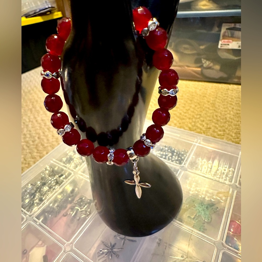 Handcrafted bracelet with cross. Genuine red jade faceted gemstones. Each unique